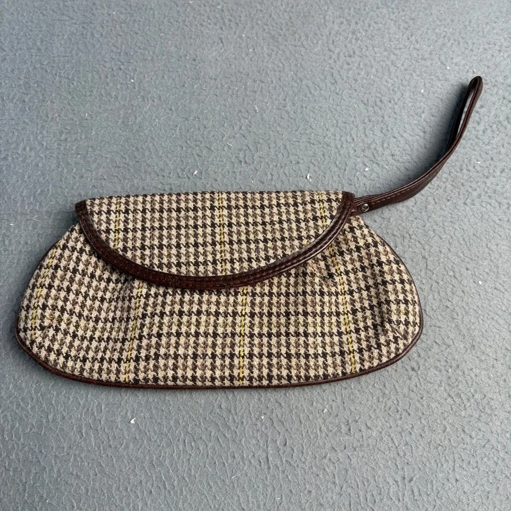 Vintage Houndstooth Wristlet Clutch Brown Tan Plaid Magnetic Snap Bag